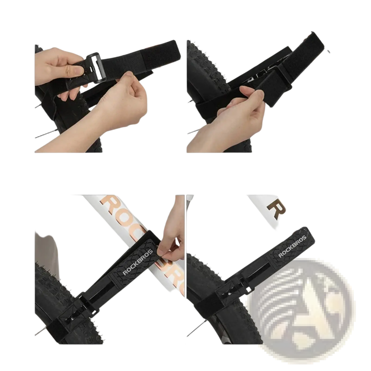 Black rubberized bike frame protector with rockbros branding and adjustable strap design for anti-slip tie rope use