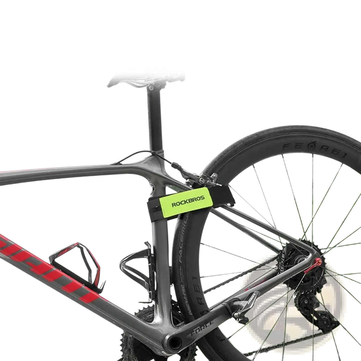 Bright green rectangular rockbros label on black anti-slip bicycle luggage strap attached to luggage rack belt