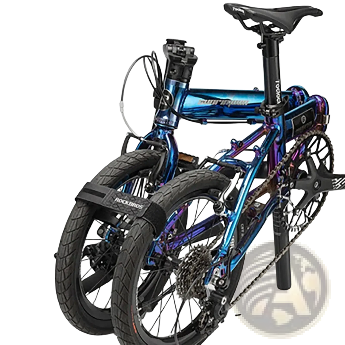 A vibrant iridescent blue and purple rockbros bicycle folding bike with black tires and anti-slip luggage strap tie rope