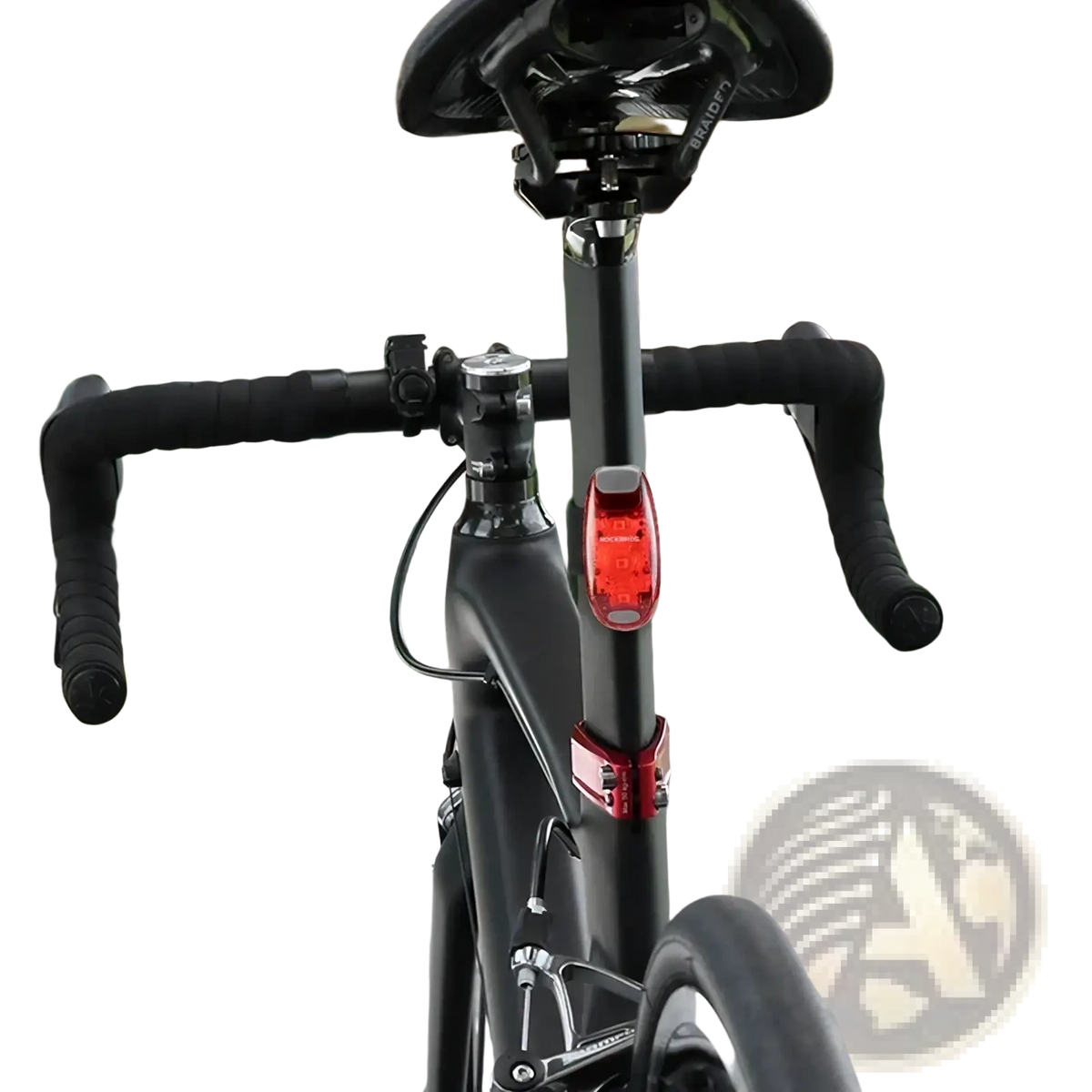 Black bicycle showing the back side with Rockbros rechargeable led bike tail light in red and black handlebars