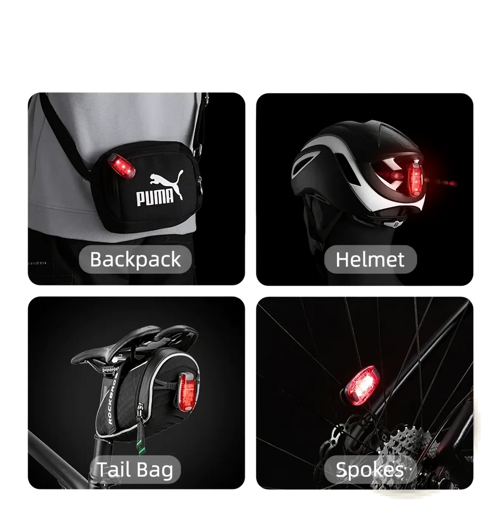 Black puma branded rockbros bike tail light with red illuminated lens and reflective surface shown from back side