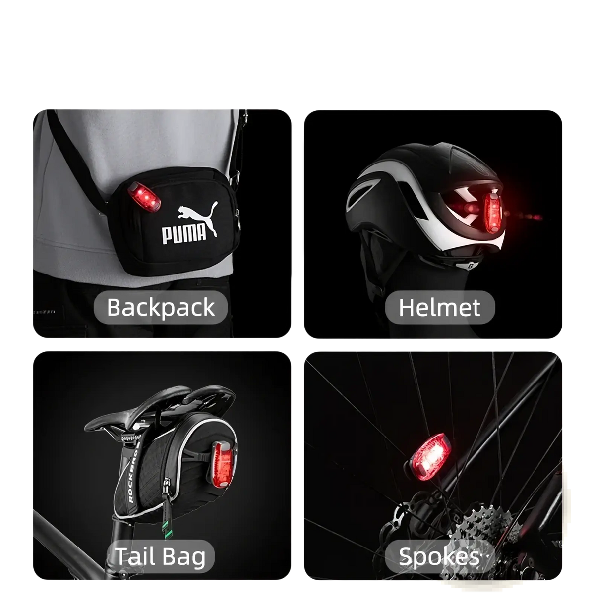 Black puma branded rockbros bike tail light with red illuminated lens and reflective surface shown from back side