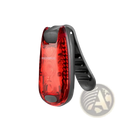 Red translucent plastic rockbros rechargeable led bicycle tail light with black clip and button shown from back side