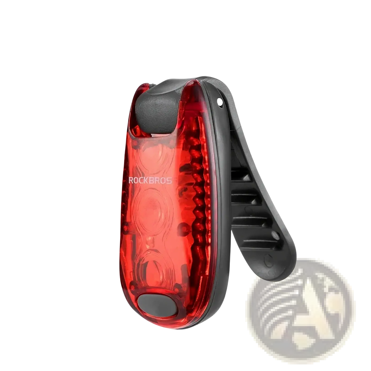Red translucent plastic rockbros rechargeable led bicycle tail light with black clip and button shown from back side