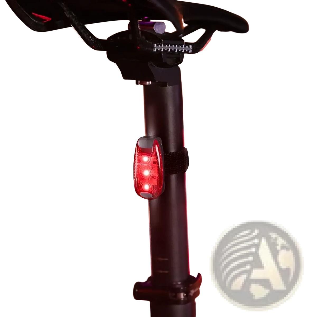 Red led bicycle tail light with three illuminated bulbs in a translucent housing secured by an adjustable black strap for Rockbros