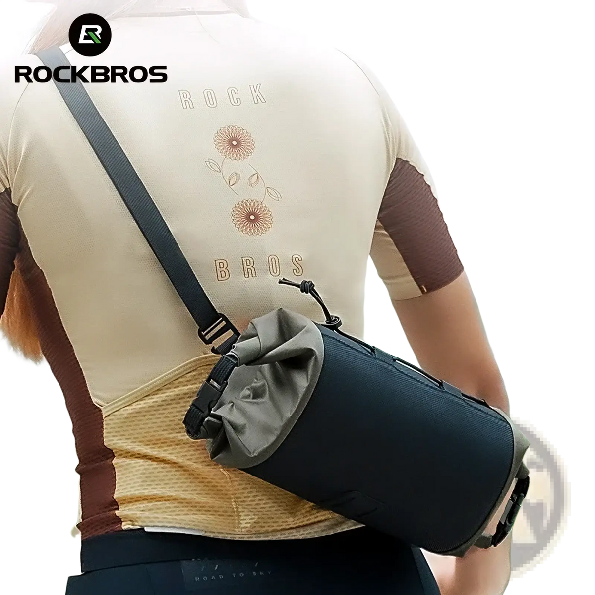 Black and gray Rockbros waterproof bicycle handlebar bag 2.4l with roll-top closure for secure storage