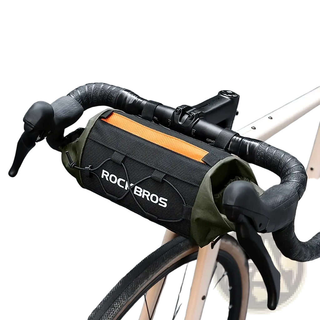 Rockbros waterproof bicycle handlebar bag 2.4l in black and olive green with orange accent stripe for cycling storage