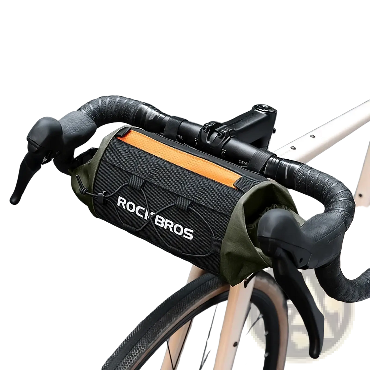 Rockbros waterproof bicycle handlebar bag 2.4l in black and olive green with orange accent stripe for cycling storage