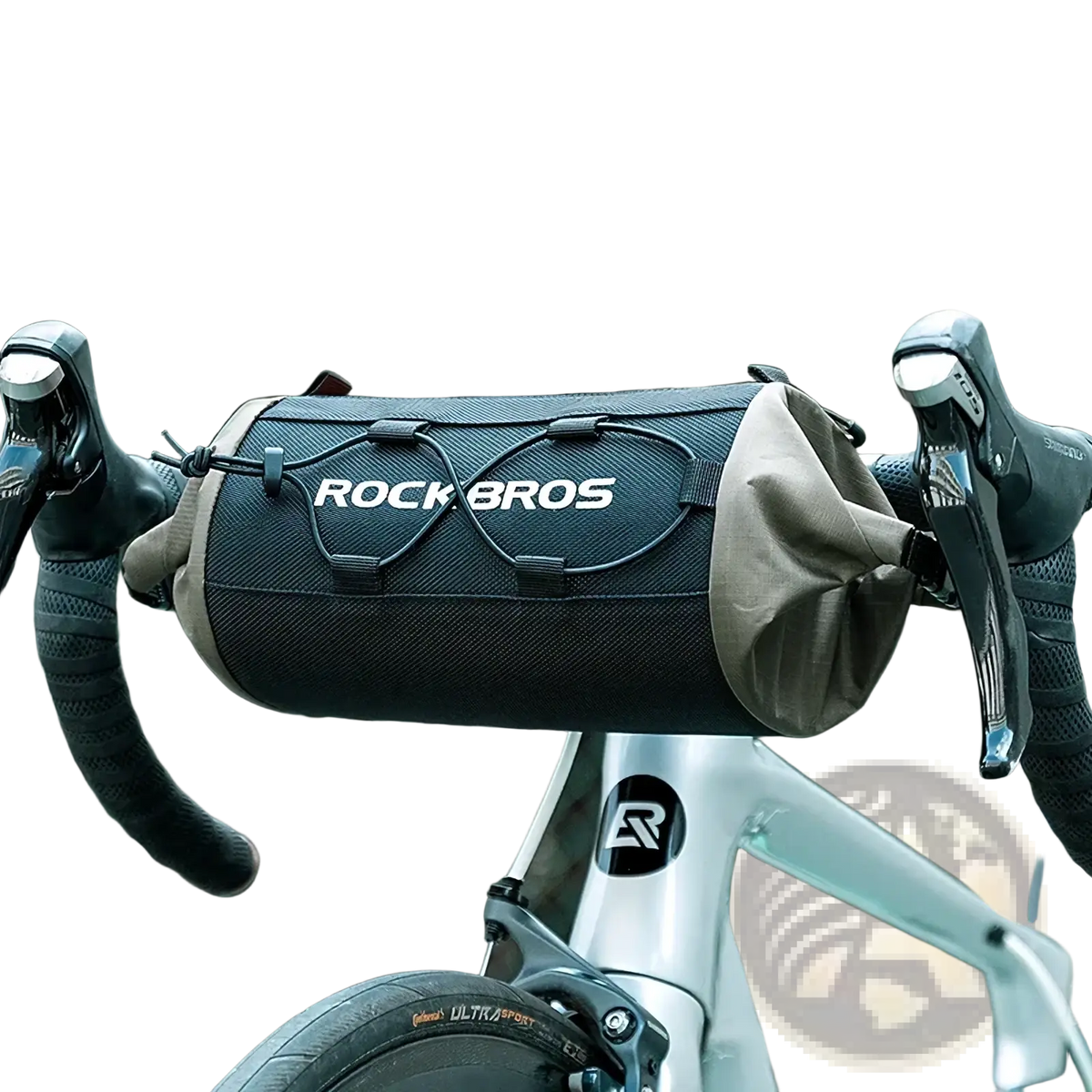 Black and tan rockbros waterproof bicycle handlebar bag 2.4l with mesh texture and reinforced straps