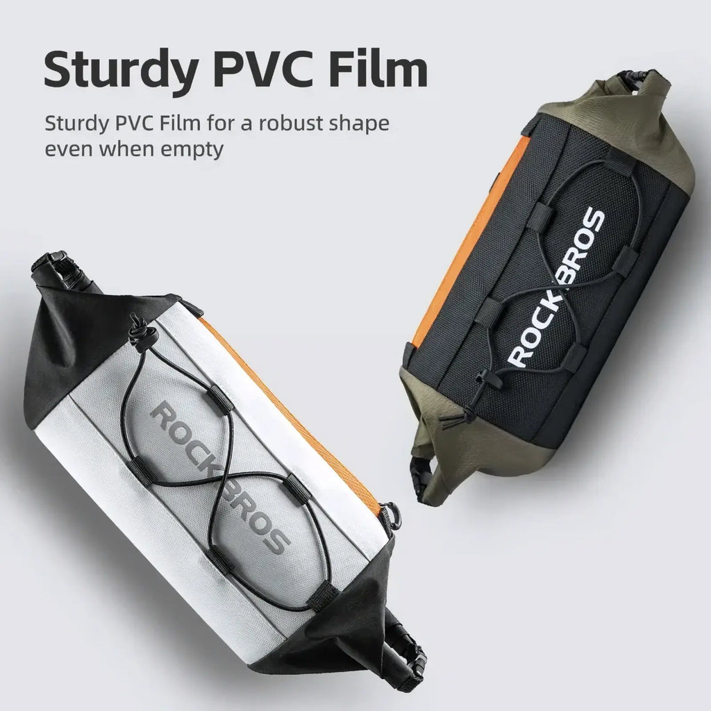 Black and white rockbros waterproof bicycle handlebar bag 2.4l with orange accents made of sturdy pvc film