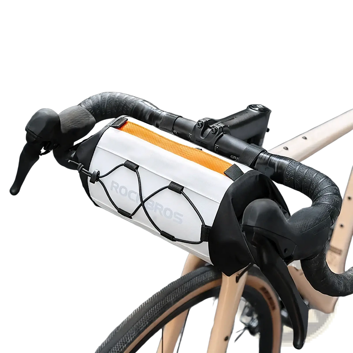 White and orange rockbros waterproof bicycle handlebar bag 2.4l with black straps ideal for cycling storage