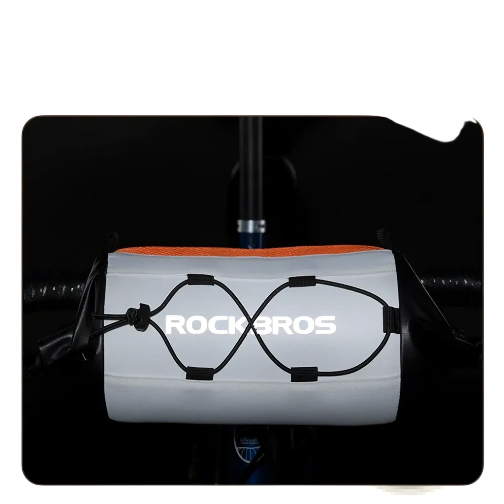 White reflective rockbros waterproof bicycle handlebar bag 2.4l with black elastic straps and orange mesh top