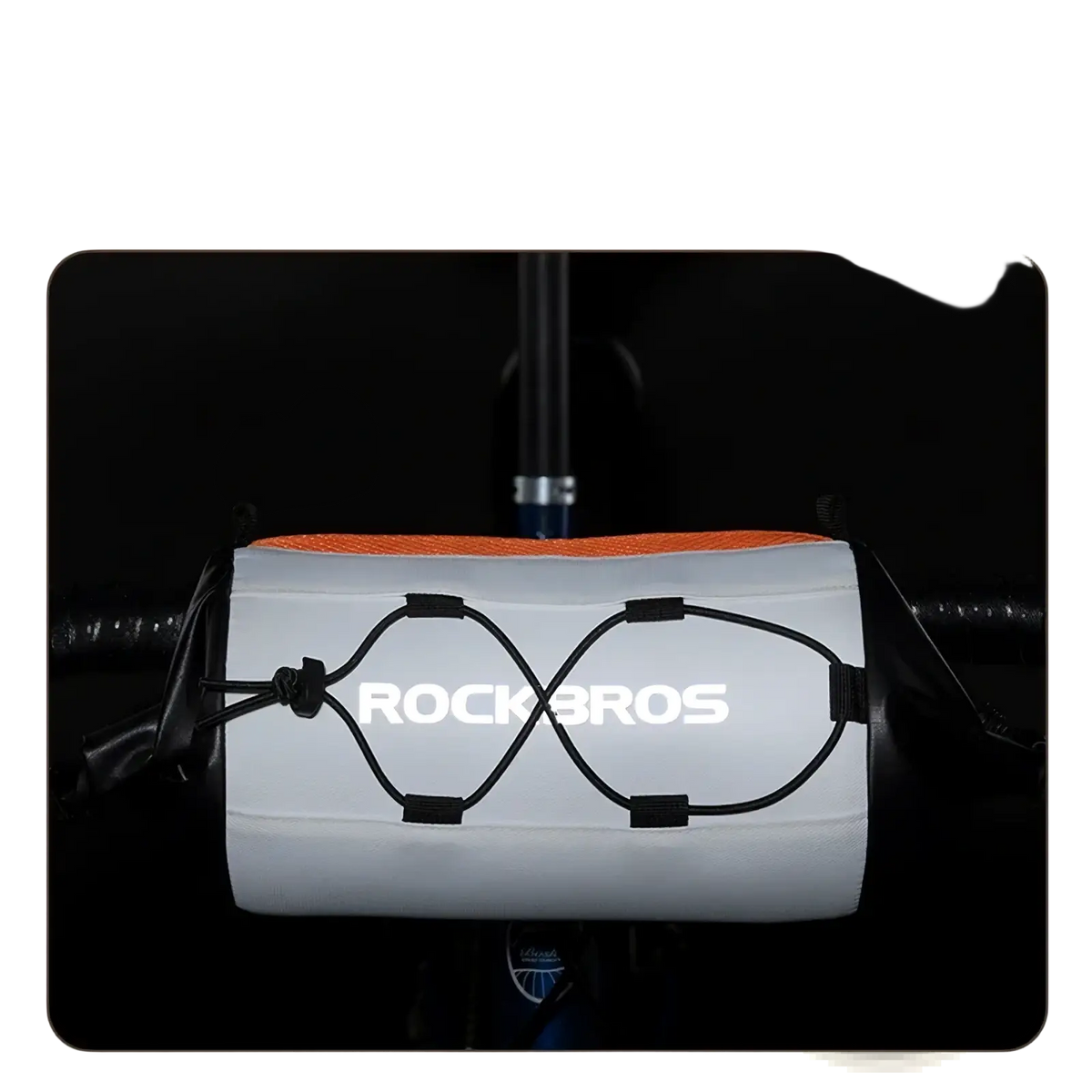 White reflective rockbros waterproof bicycle handlebar bag 2.4l with black elastic straps and orange mesh top