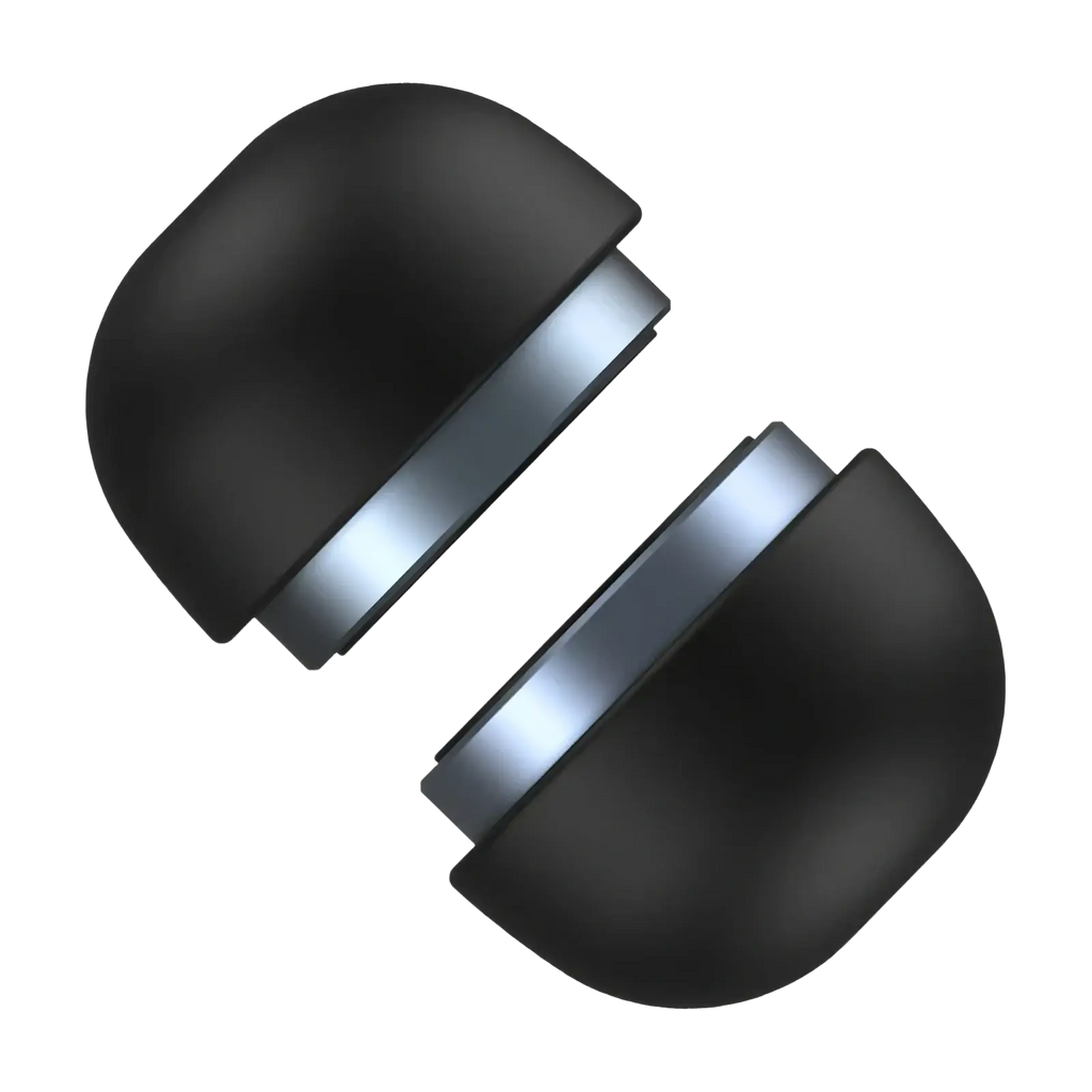 Black matte finish earbud caps with sleek silver metallic band featured with rocoren magnetic laptop stand and cooling holder