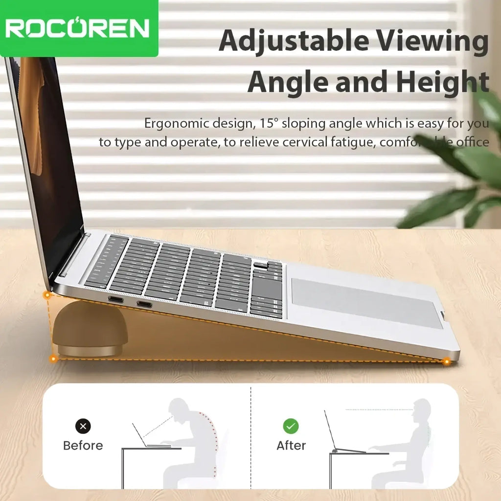Silver Rocoren magnetic laptop stand made of metal with adjustable height and angle for ergonomic comfort
