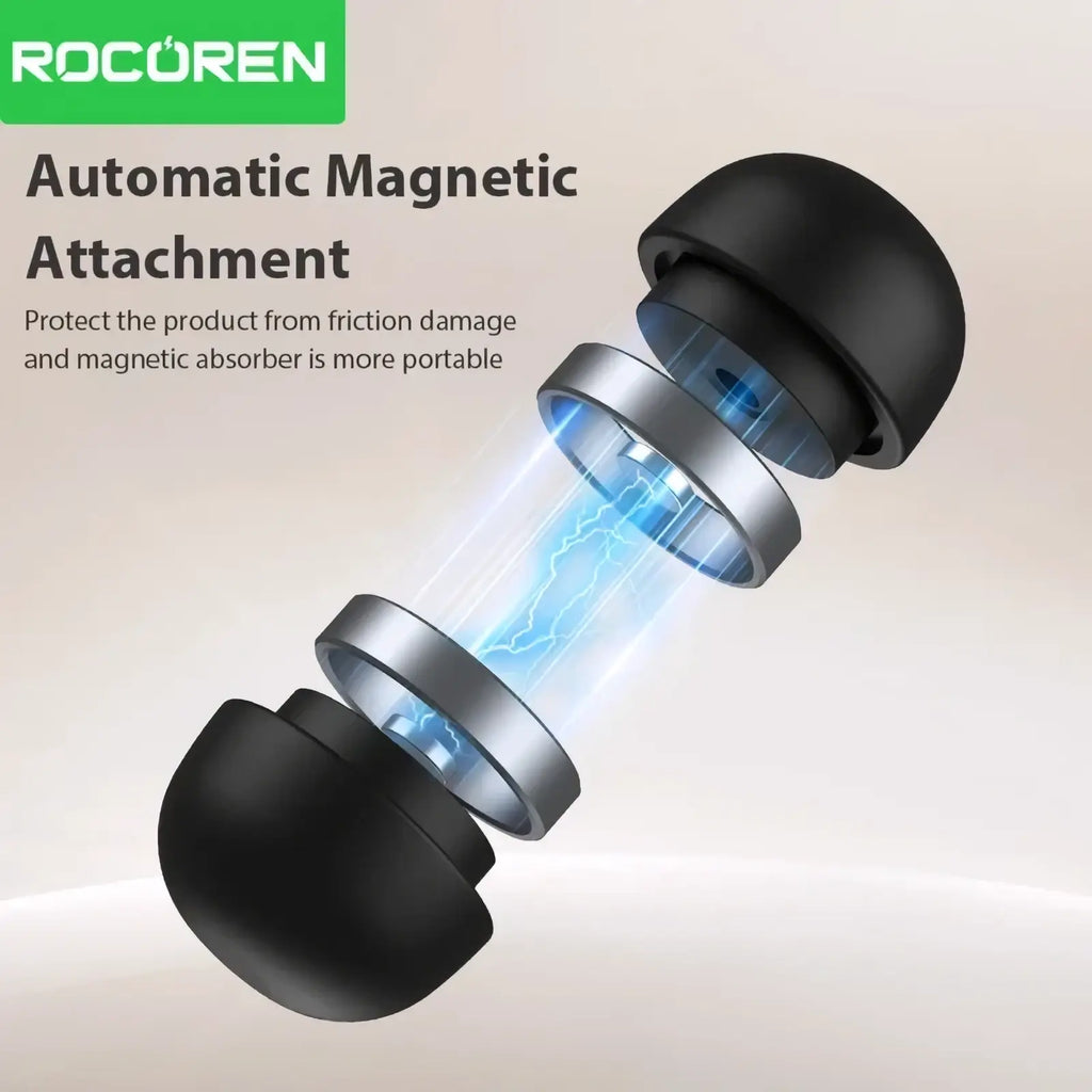 Rocoren magnetic laptop stand and cooling holder with black and silver automatic magnetic earbud attachment and sleek design