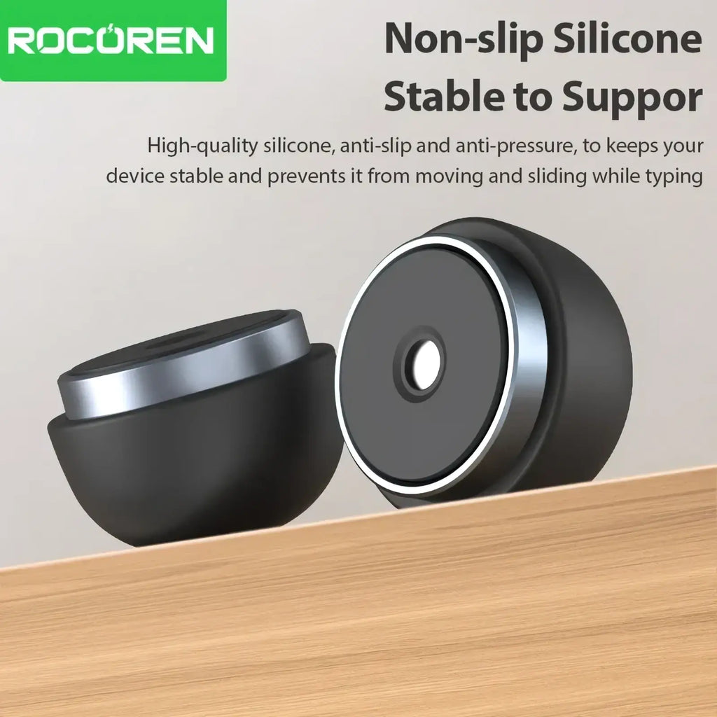 Black and silver rocoren magnetic laptop stand with non-slip silicone circular phone holder and cooling feature
