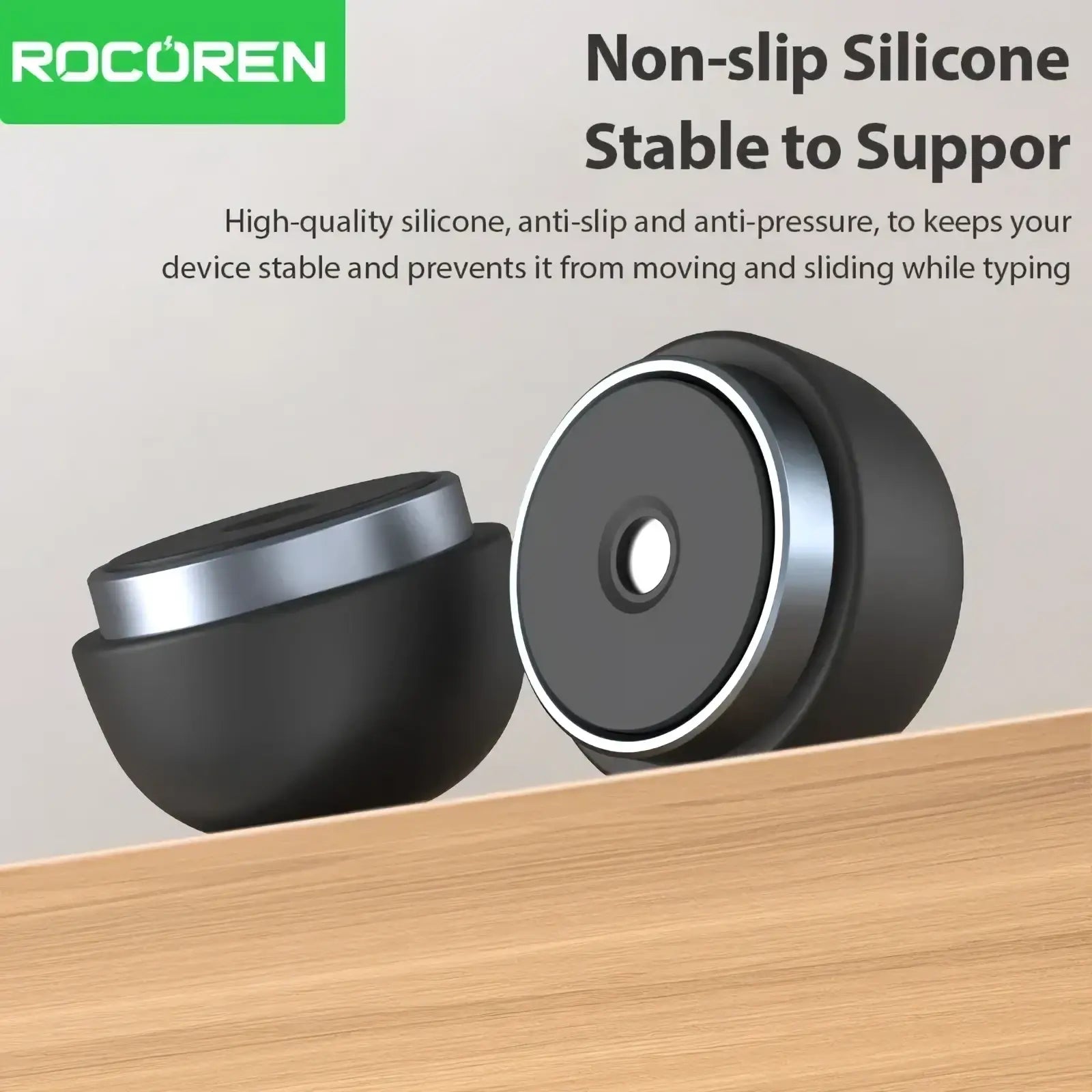 Black and silver rocoren magnetic laptop stand with non-slip silicone circular phone holder and cooling feature