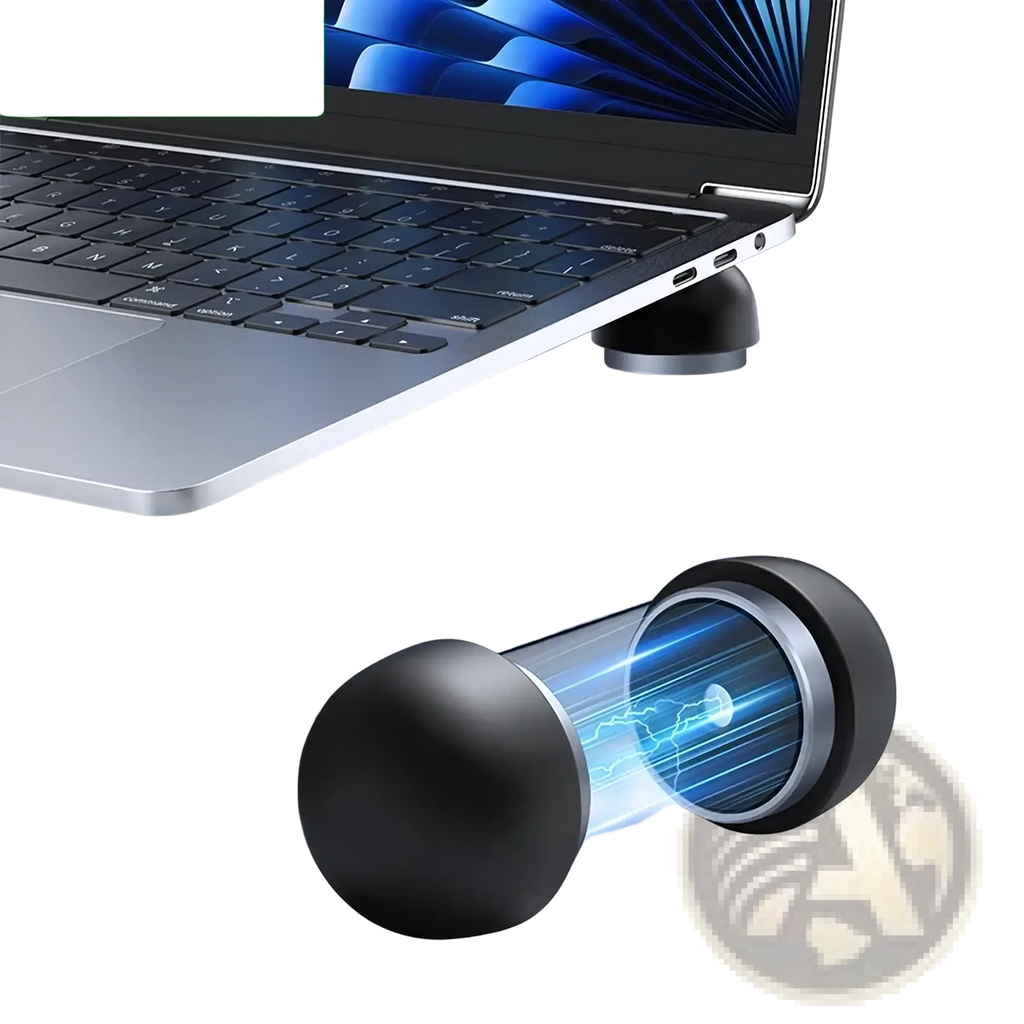 Black spherical rocoren magnetic laptop stand with cooling fan and magnetic base for improved ventilation