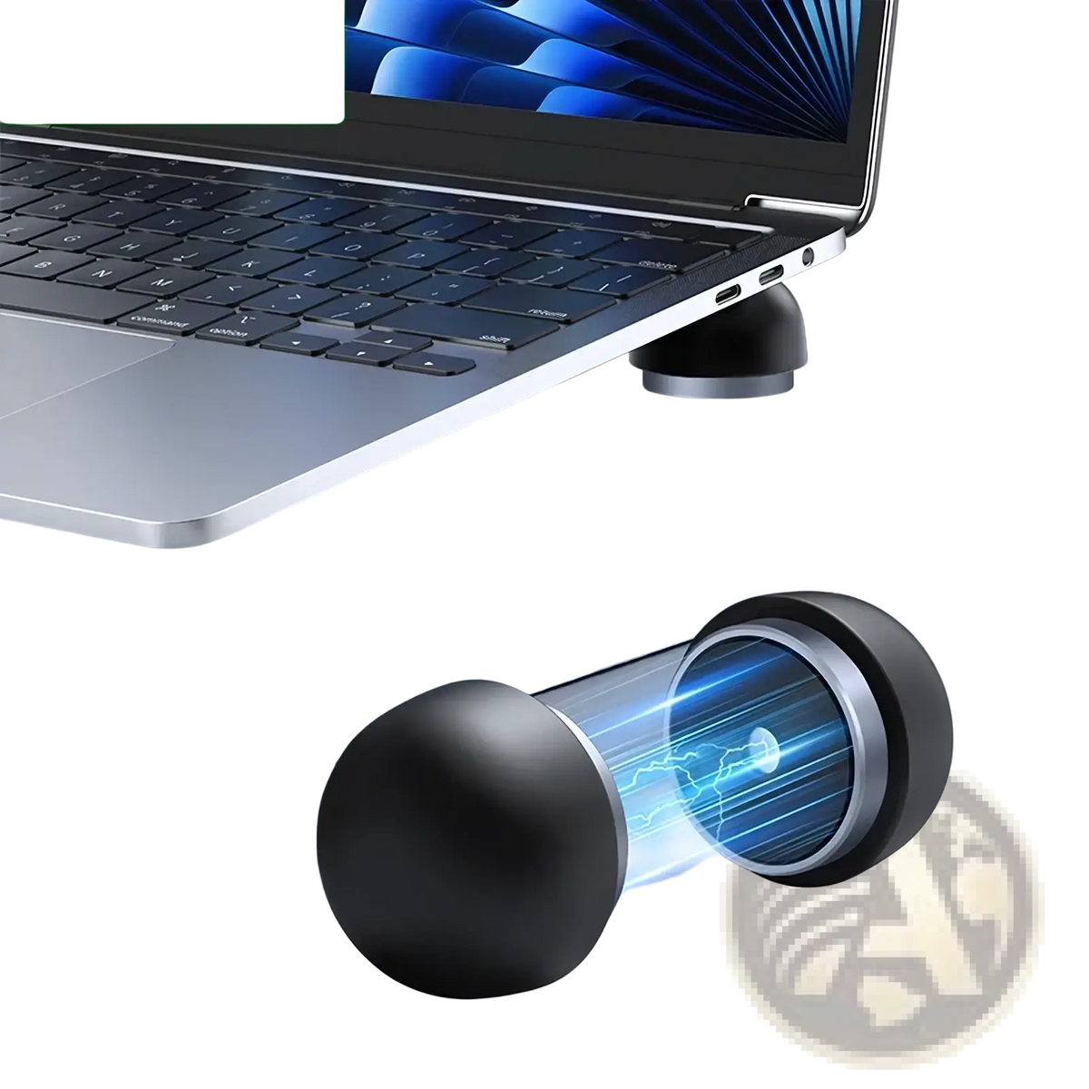 Black spherical rocoren magnetic laptop stand with cooling fan and magnetic base for improved ventilation