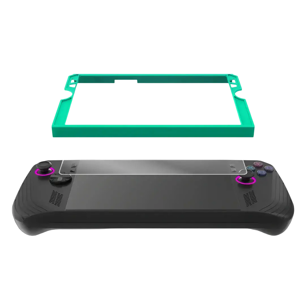 Black rog ally gaming controller with purple accents and teal tempered film tool accessories frame for screen protection