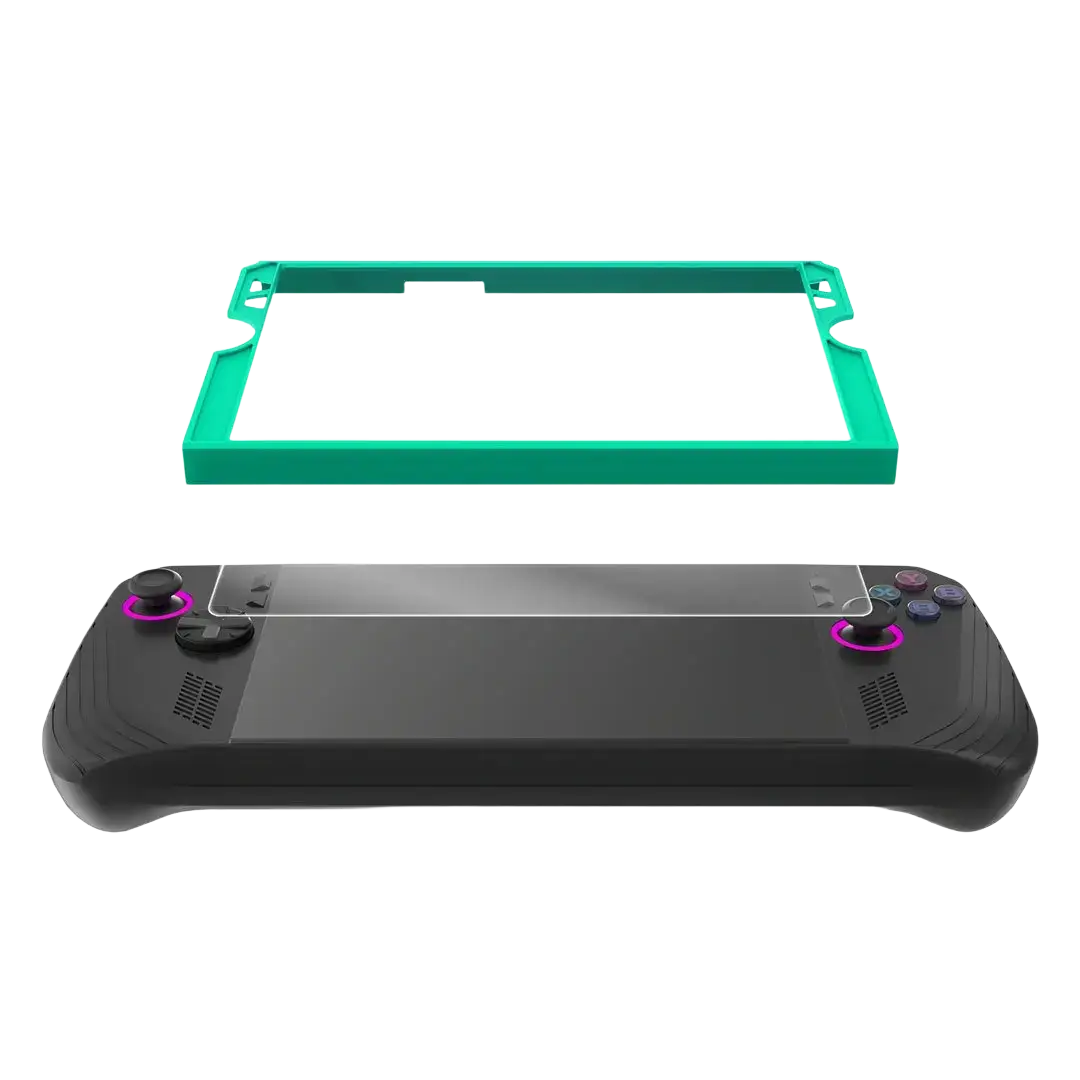 Black rog ally gaming controller with purple accents and teal tempered film tool accessories frame for screen protection