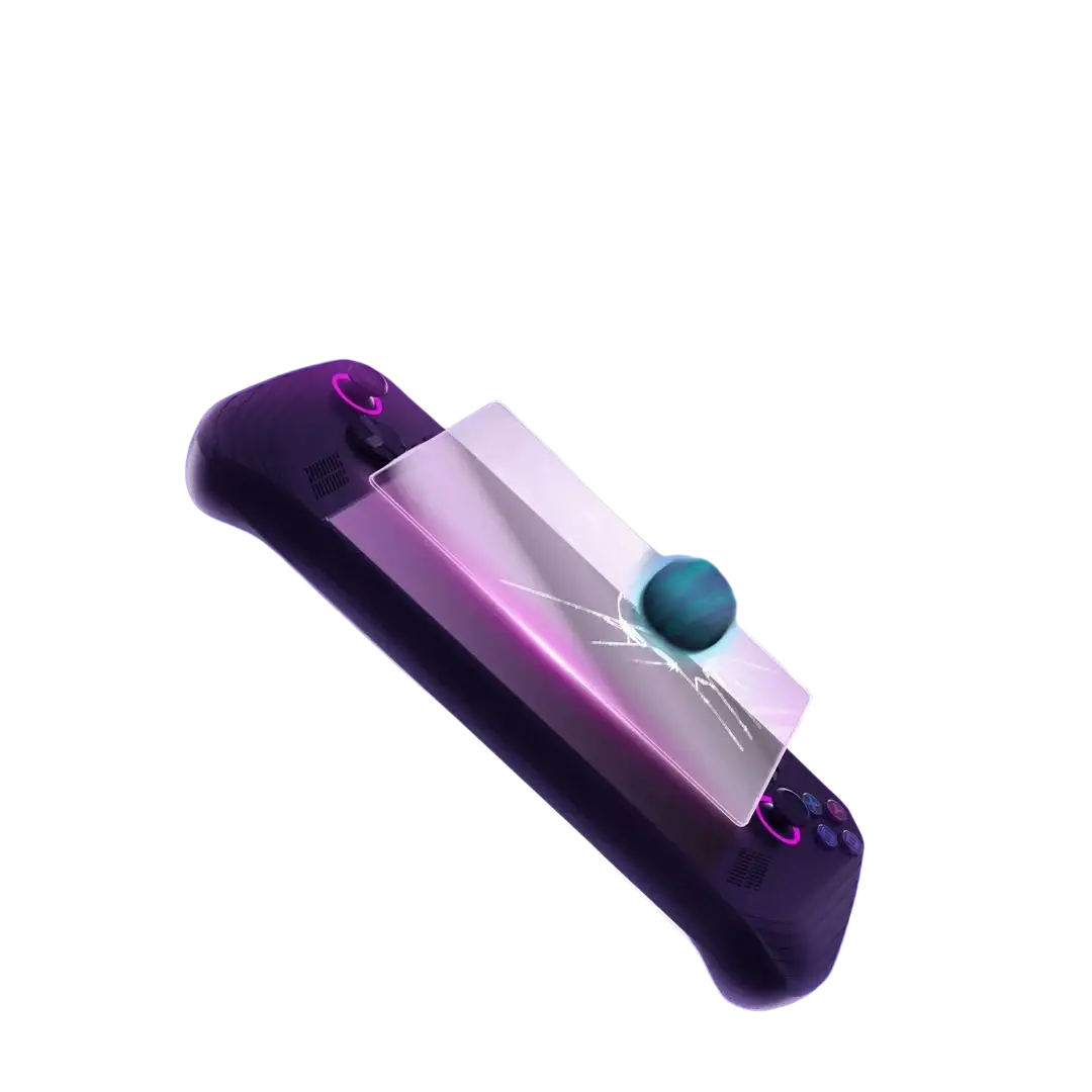 Black rog ally handheld gaming console with transparent tempered film tool applied featuring glowing purple accents