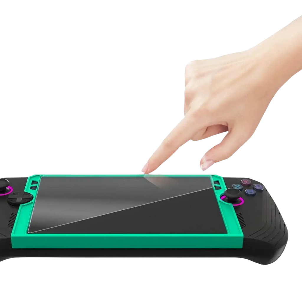 Teal and black rog ally handheld gaming console with purple accent buttons alongside tempered film tool accessories