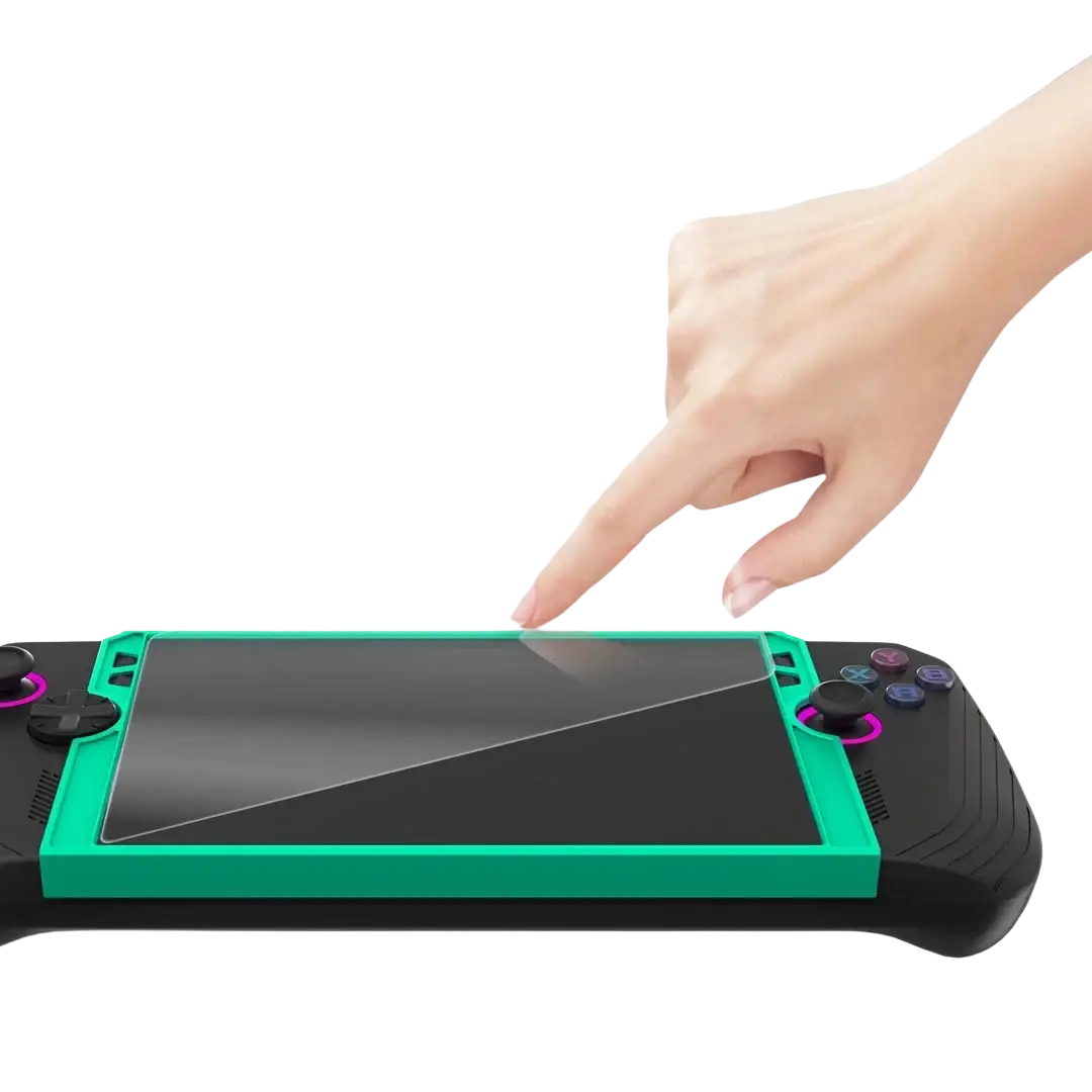 Teal and black rog ally handheld gaming console with purple accent buttons alongside tempered film tool accessories