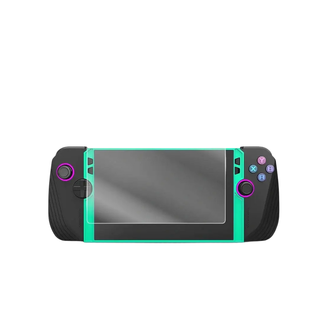 Teal and black Nintendo Switch OLED with purple analog sticks and colorful buttons featuring rog ally tempered film tool accessories