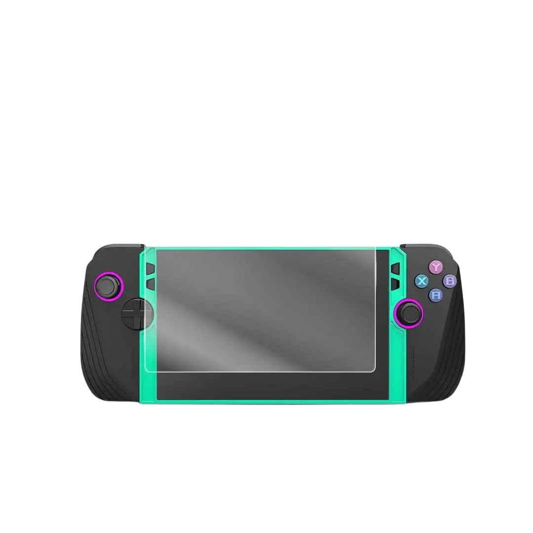 Teal and black Nintendo Switch OLED with purple analog sticks and colorful buttons featuring rog ally tempered film tool accessories