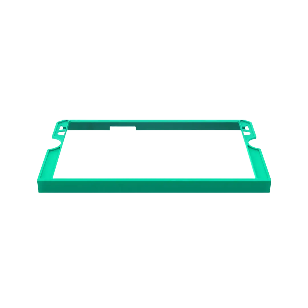 Teal plastic rog ally tempered film tool accessory with cutout corners and central rectangular opening for easy use