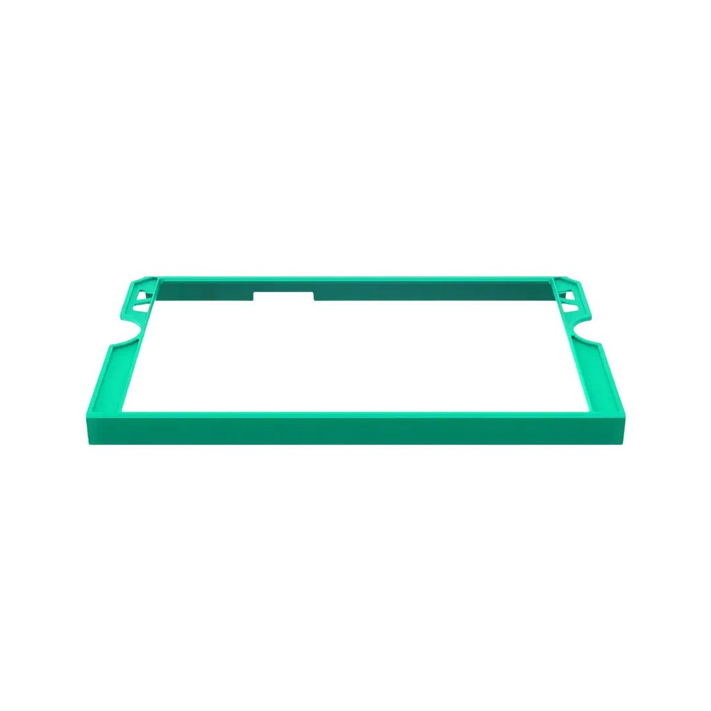 Teal plastic rog ally tempered film tool accessory with cutout corners and central rectangular opening for screen protection
