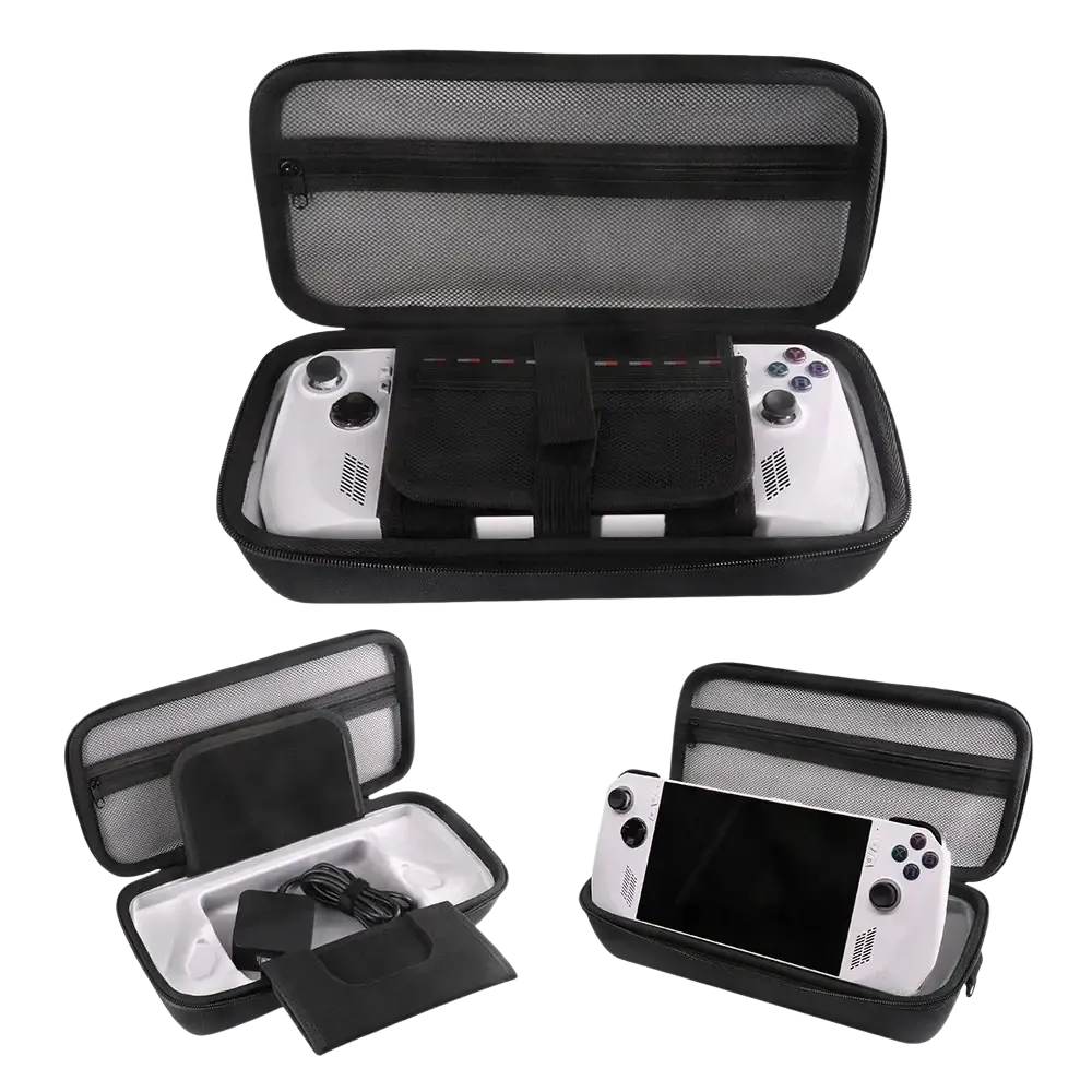 Black hard carrying case made of protective material for rogalley designed to hold a white handheld gaming console and accessories