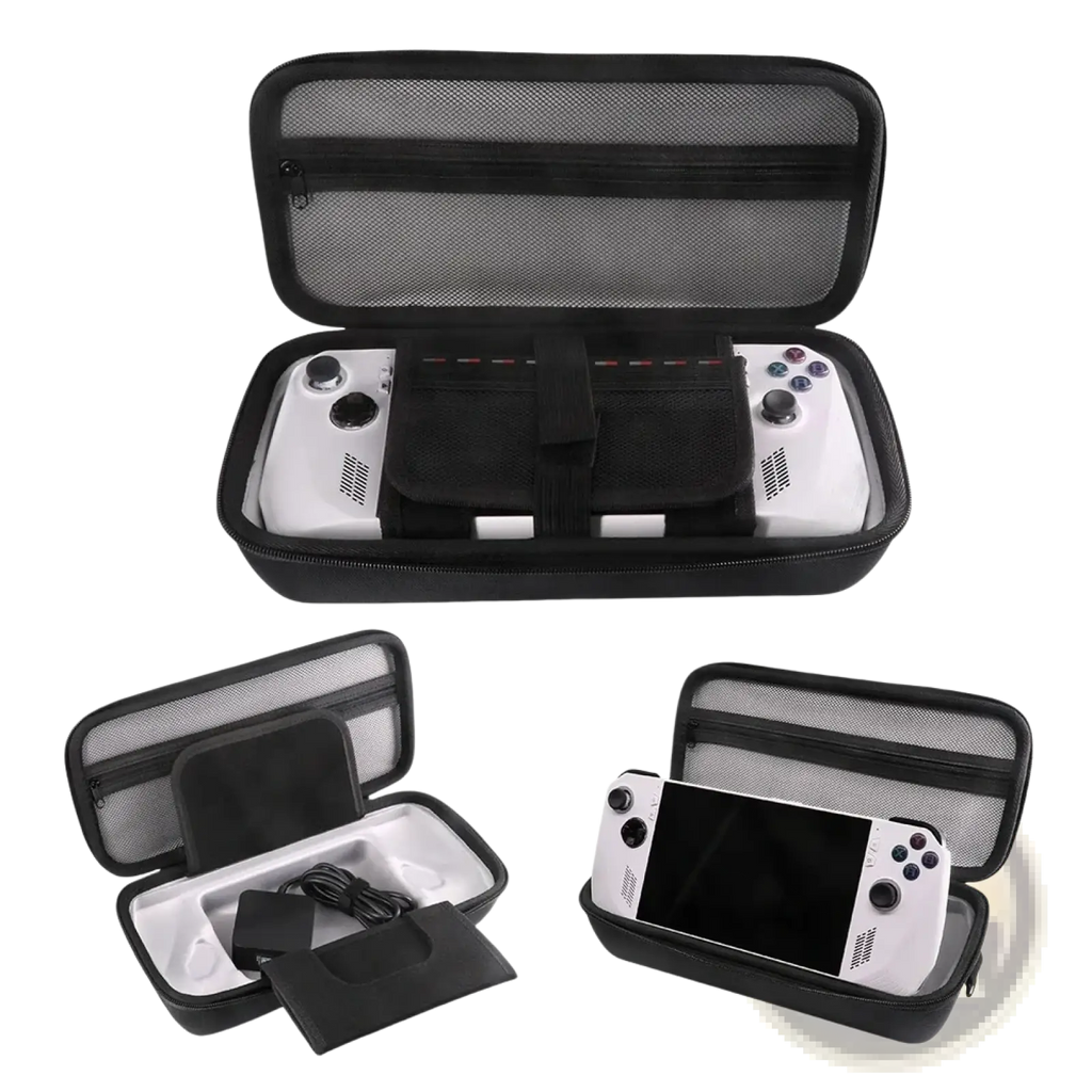 Black hard carrying case made of protective material for rogalley designed to hold a white handheld gaming console and accessories