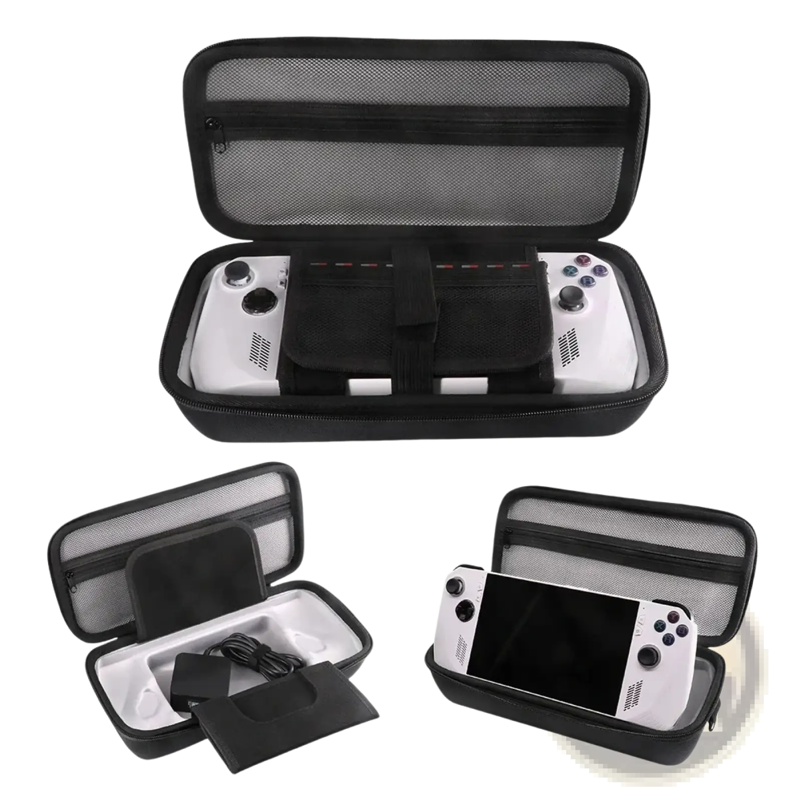 Black hard carrying case made of protective material for rogalley designed to hold a white handheld gaming console and accessories