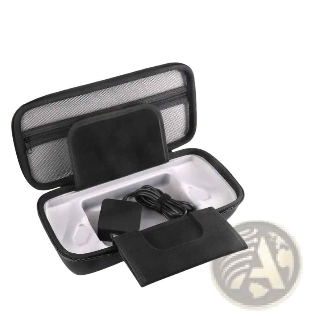 Black durable hard-shell Rog Ally x hard carrying case with mesh lining and molded compartments for gaming accessories
