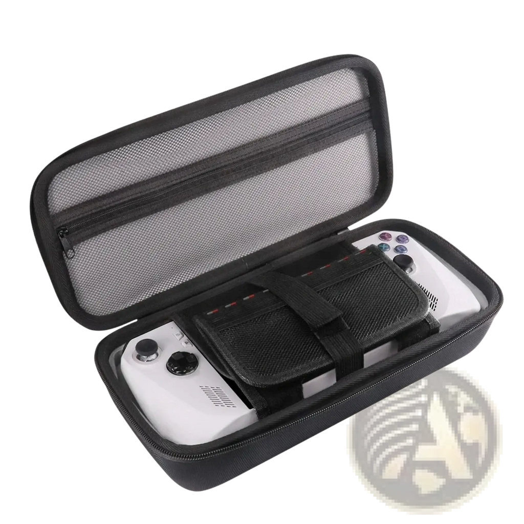 Black mesh-lined hard carrying case protective travel bag for white Rog Ally handheld gaming console