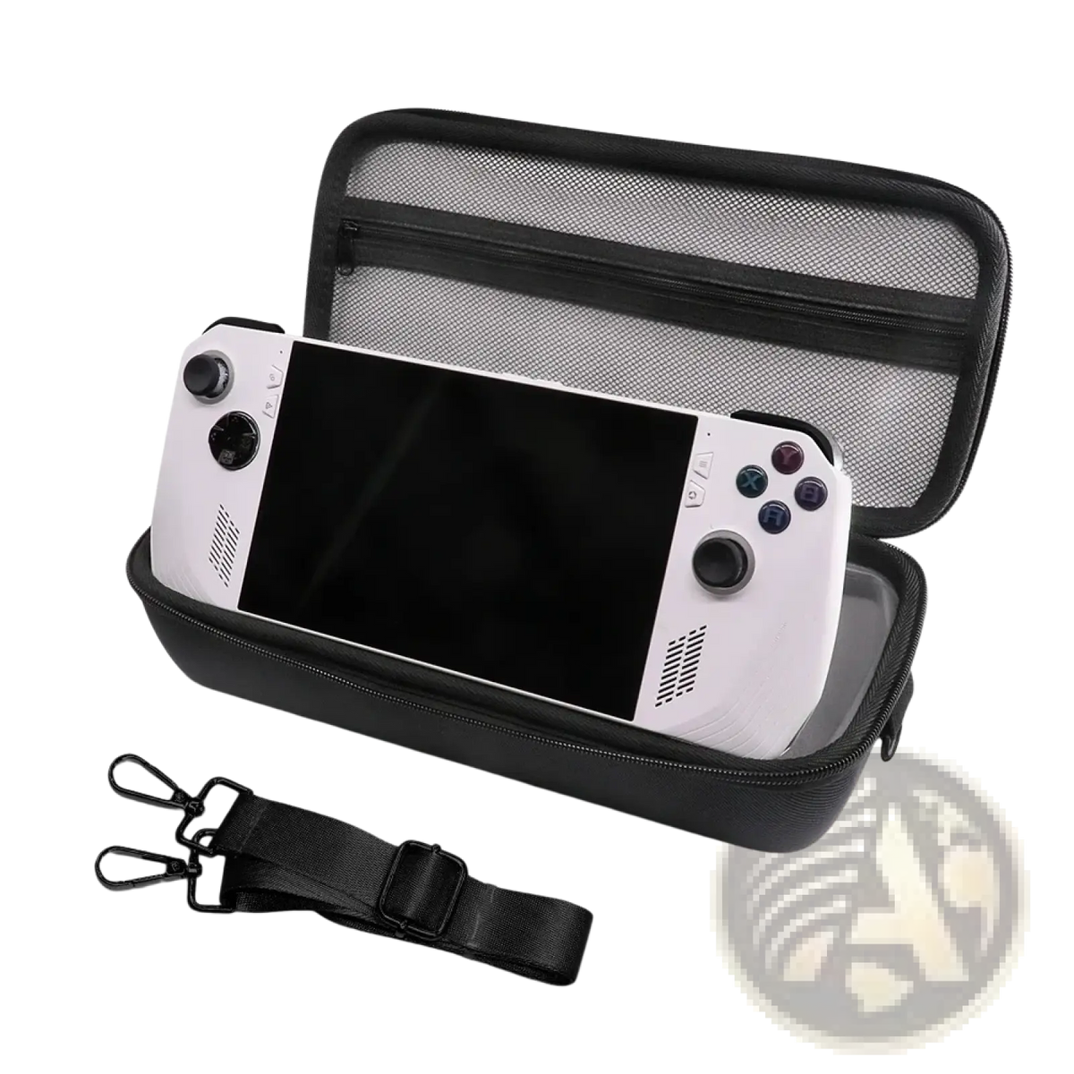 Black mesh-lined Rog Ally x Hard Carrying Case with adjustable shoulder strap protecting white handheld console