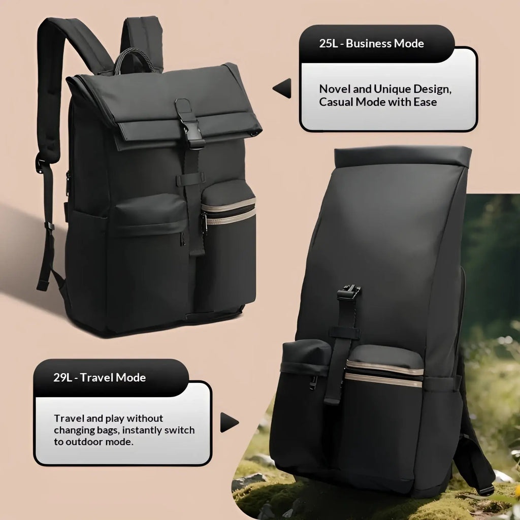 Black 25l roll top business backpack with roll top closure and silver zipper accents for professional use