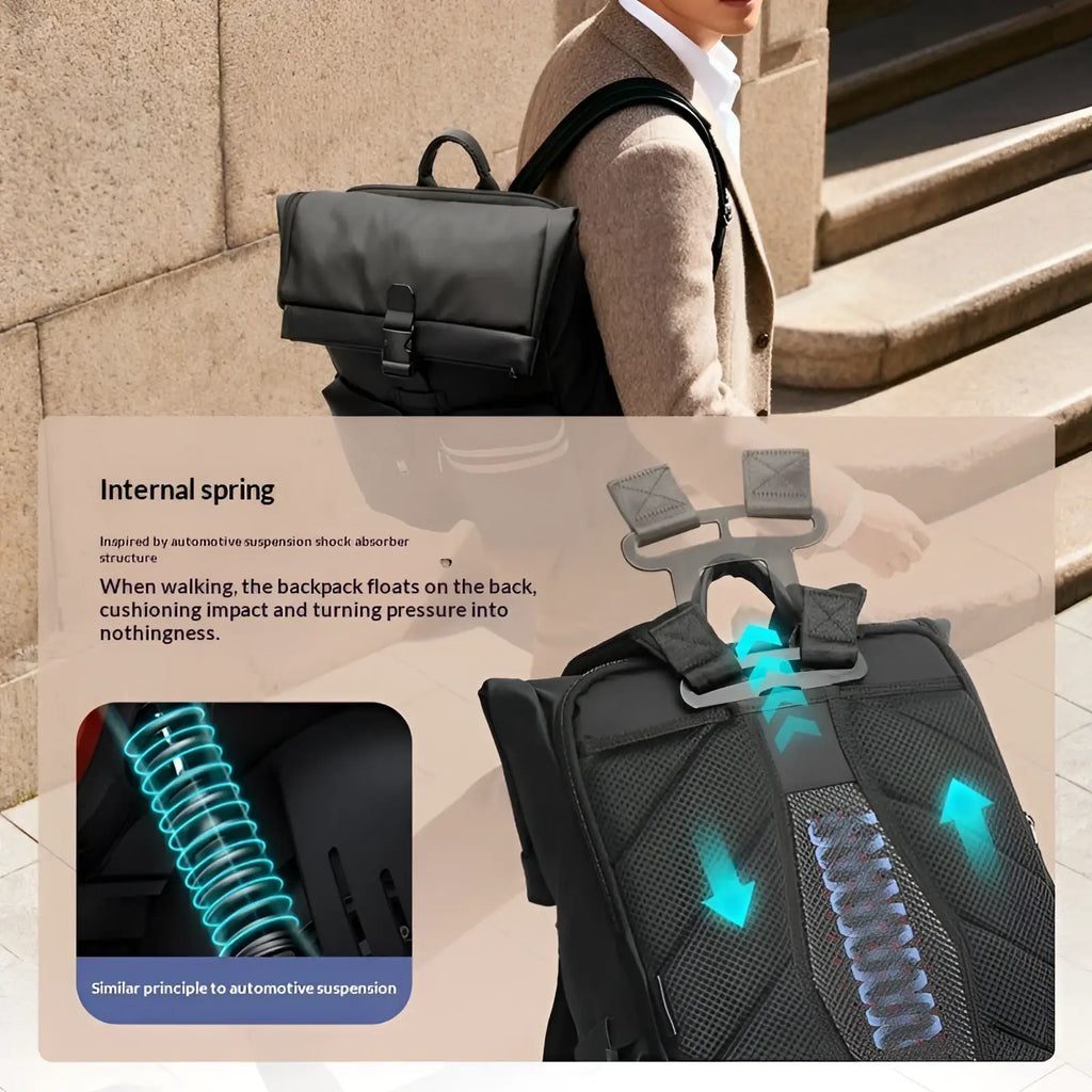 Black roll top business backpack with internal spring suspension system for shock absorption and 25l capacity