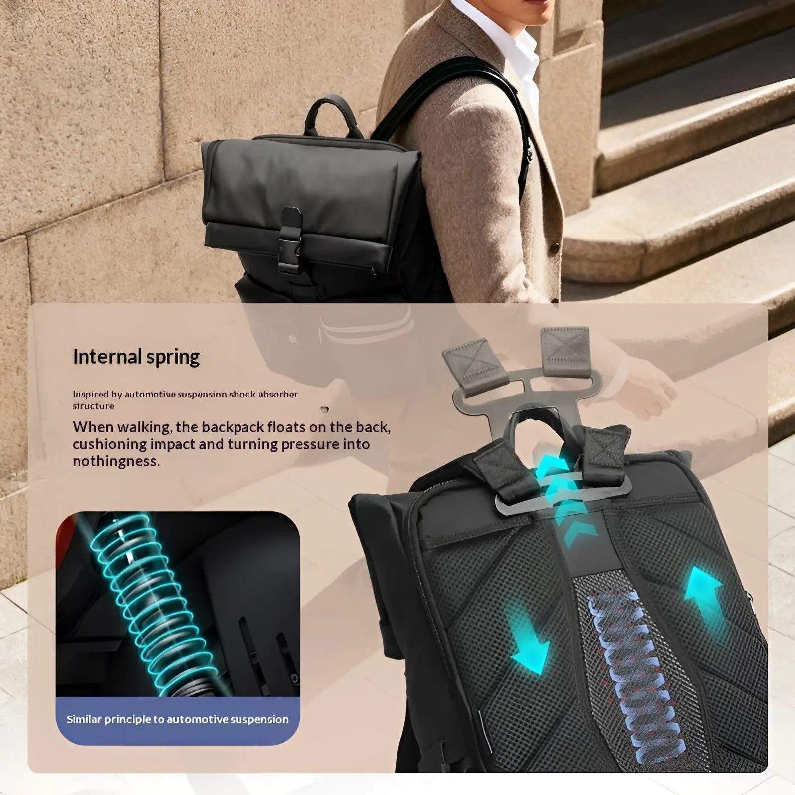 Black roll top business backpack with internal spring suspension system for shock absorption and 25l capacity