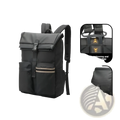 Black superfiber roll top business backpack with adjustable straps and water resistant 25l capacity shown from back side