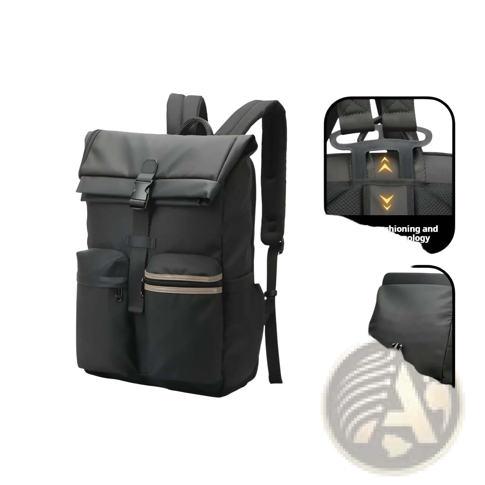Black superfiber roll top business backpack with adjustable straps and water resistant 25l capacity shown from back side