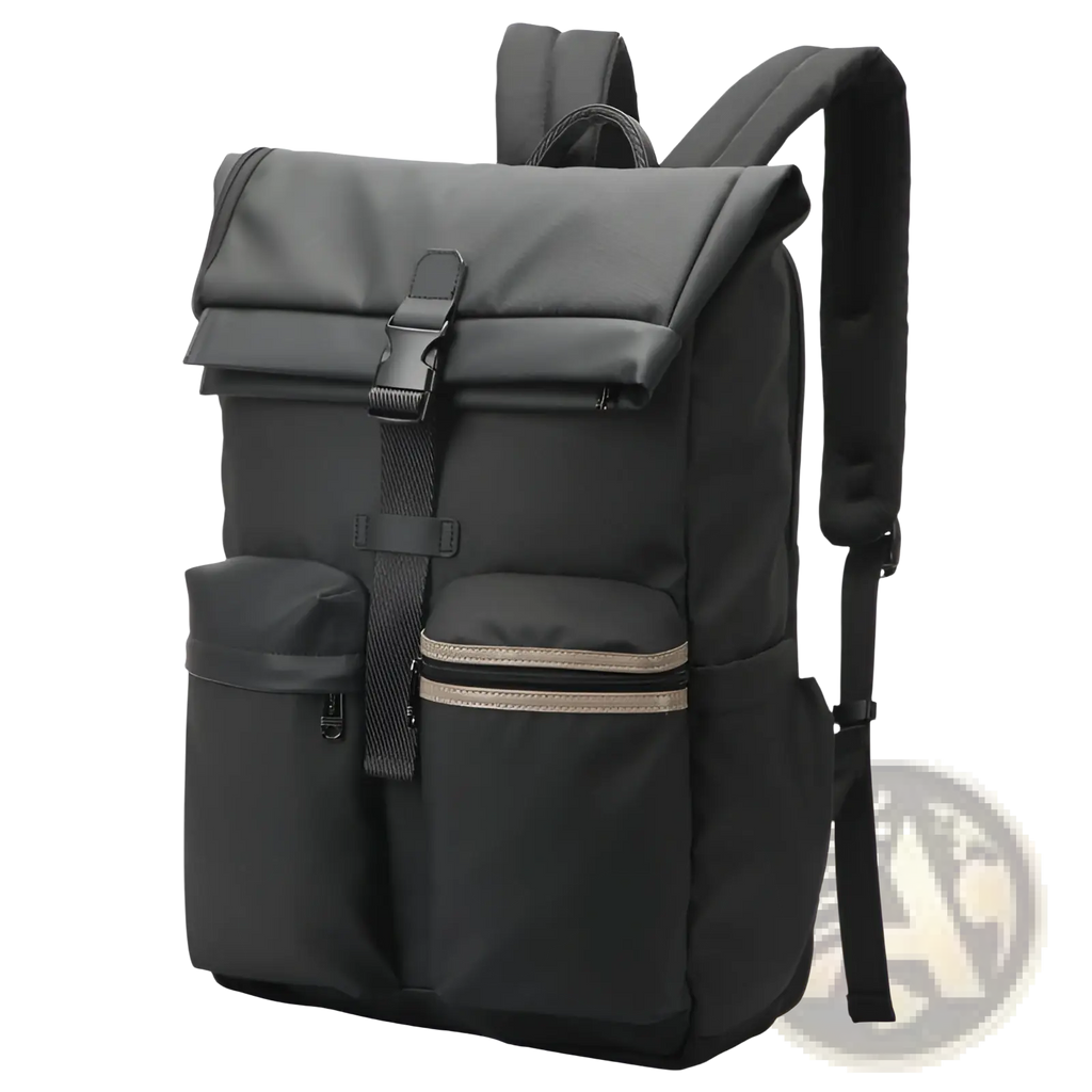 Black roll top business backpack with adjustable straps and multiple pockets featuring a sleek nylon exterior