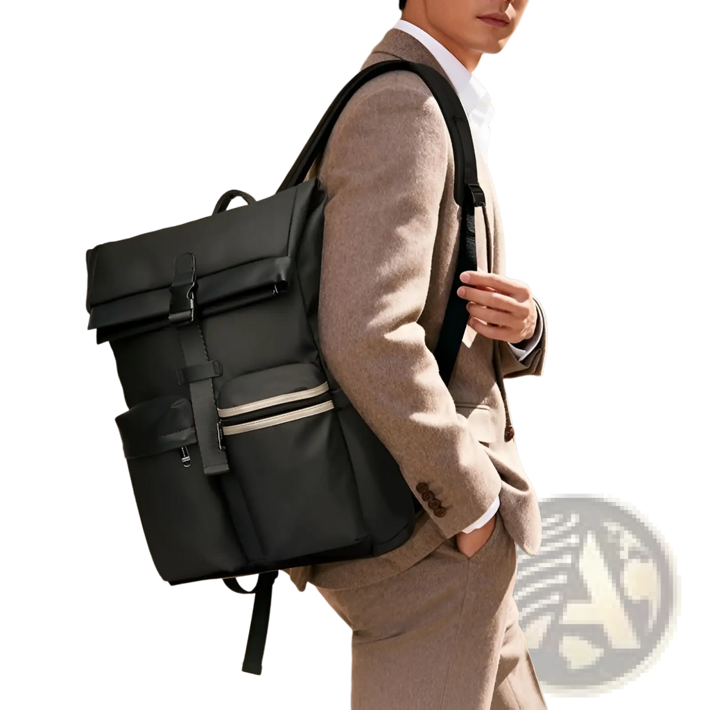 Black nylon roll top business backpack with beige zipper accents and water resistant 25l capacity