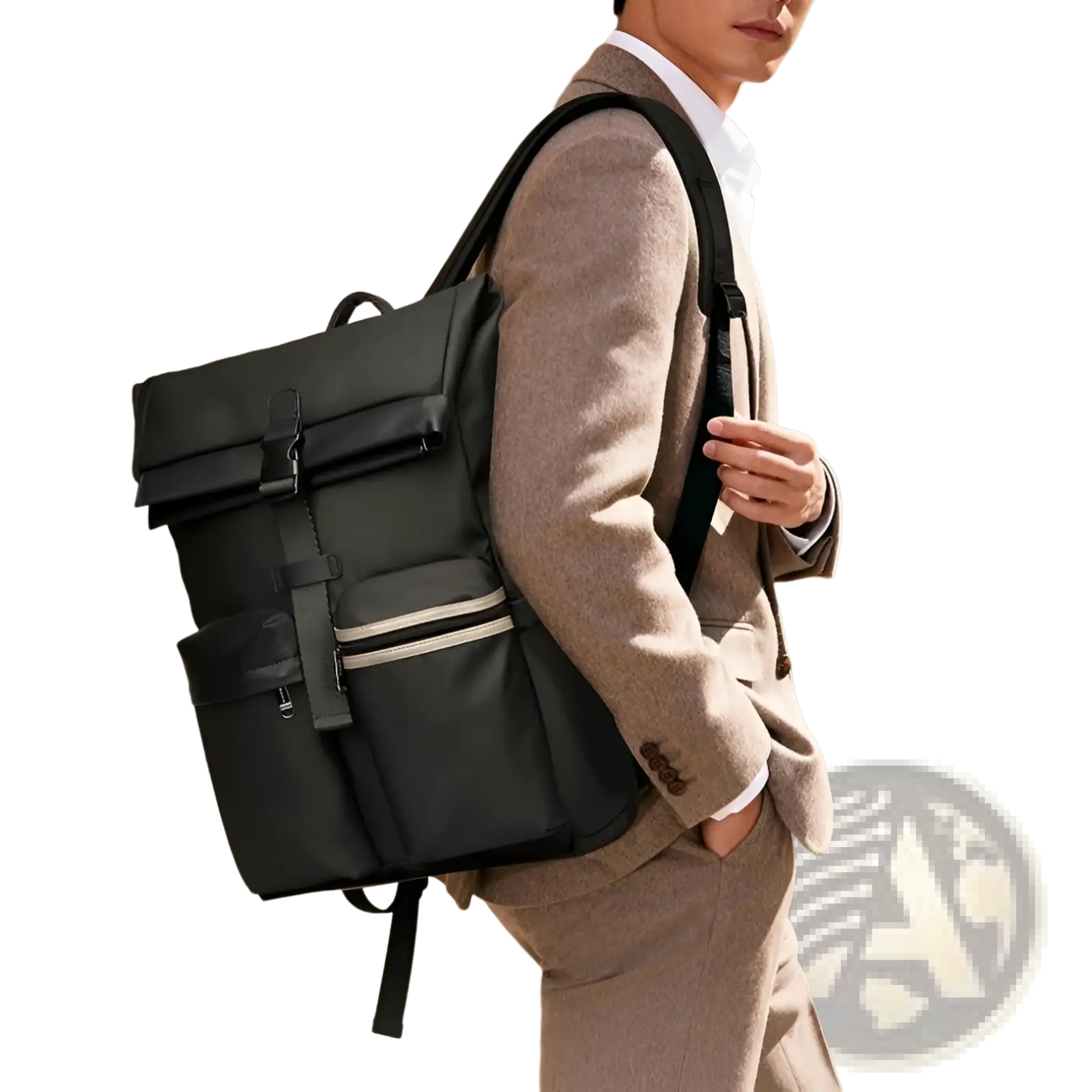 Black nylon roll top business backpack with beige zipper accents and water resistant 25l capacity