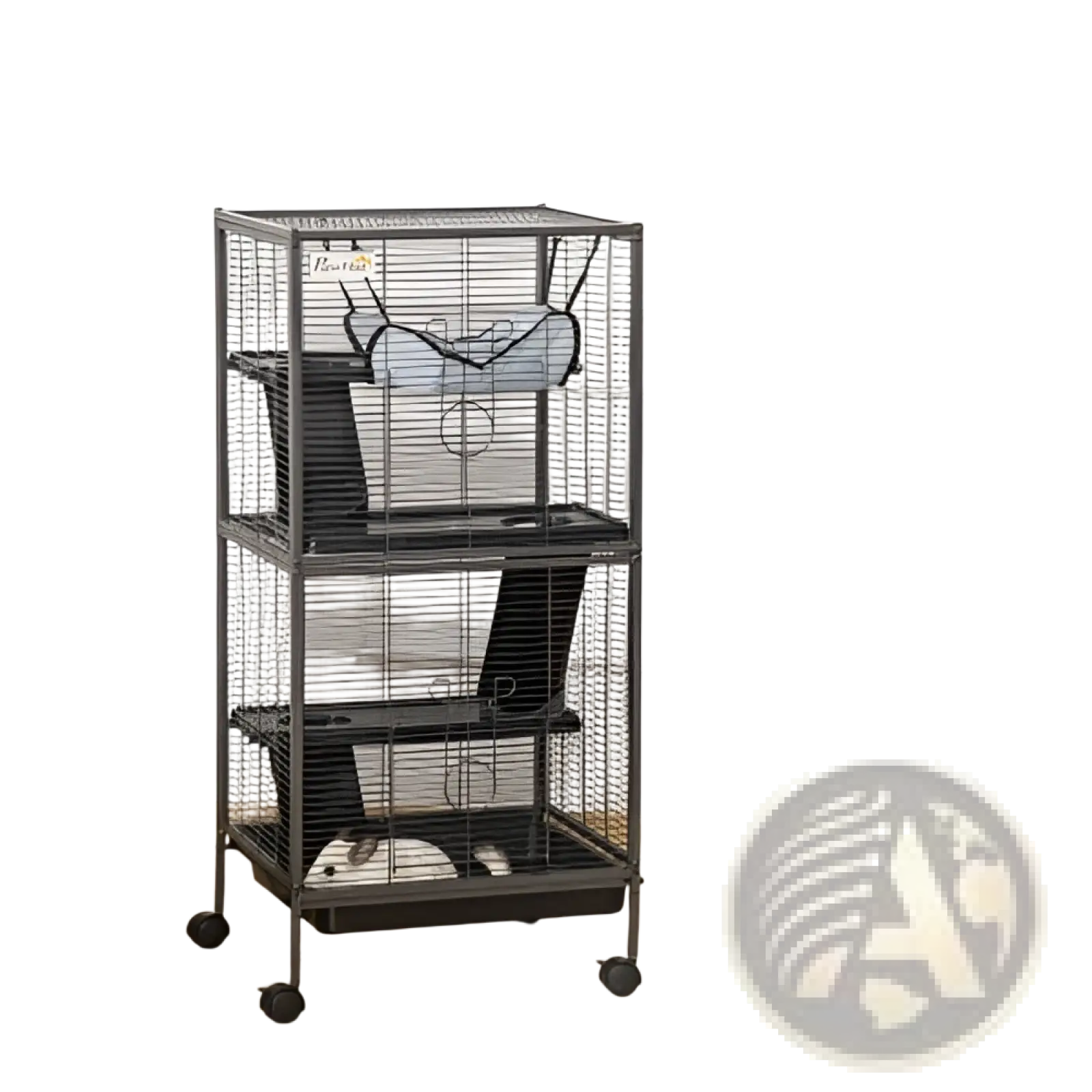 Black metal multi-level rolling 5 tier ferret and small animal cage with wheels and a hanging blue gray hammock