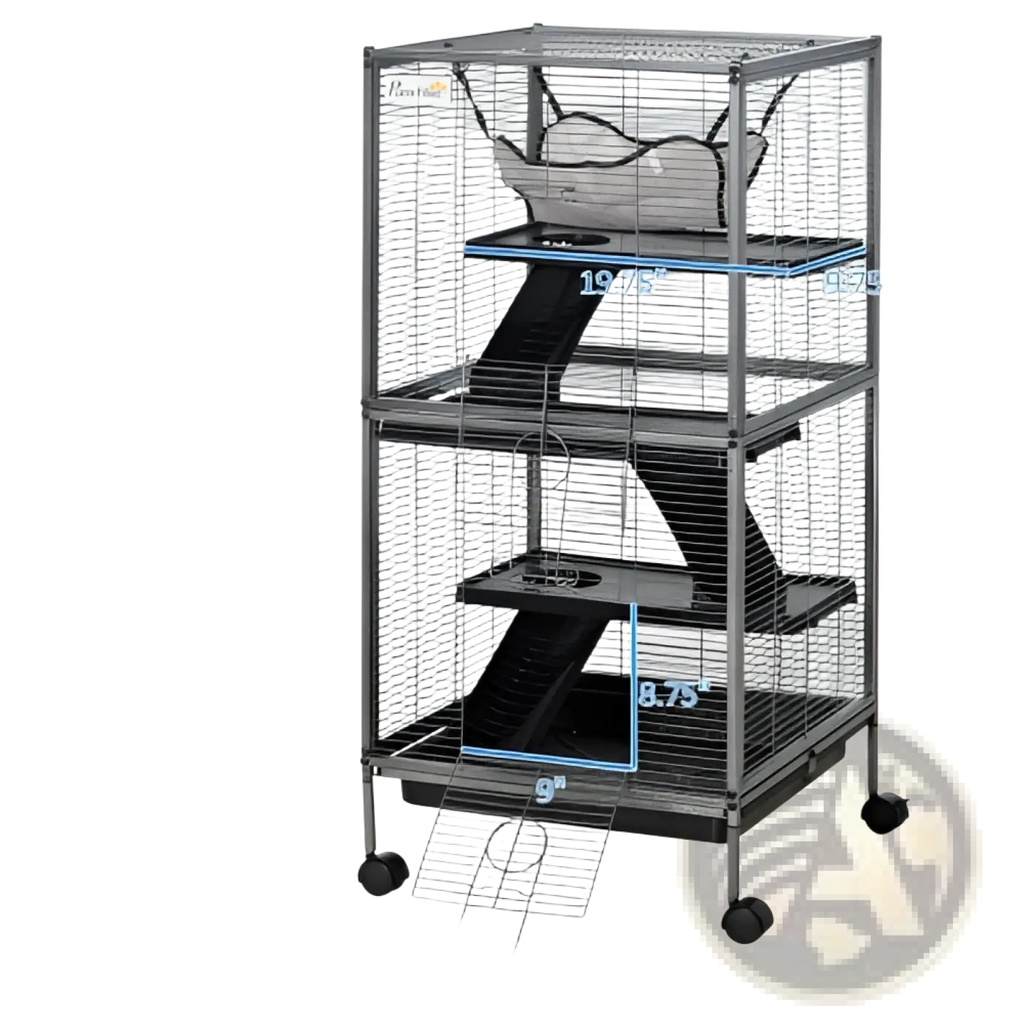 Black metal rolling 5 tier ferret and small animal cage with wheels and a gray hammock on the top tier