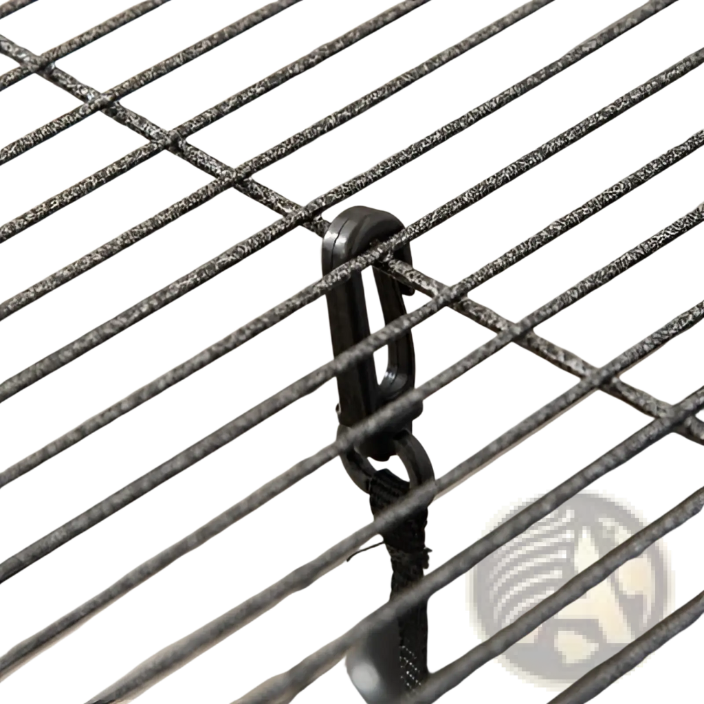 Black metal carabiner clipped to wire mesh of rolling 5 tier ferret and small animal cage for secure attachment